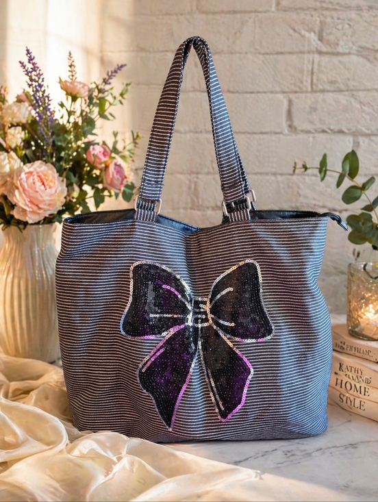 kathy ireland Handbags - Kathy Ireland Sparkly Bow Tote Bag | Black Stripe Shoulder Bag | Glam Everyday
